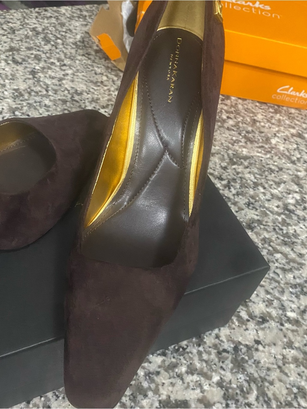 Donna Karan Dark Brown Suede Pointed Heel with Gold Accents - Picture 8 of 10